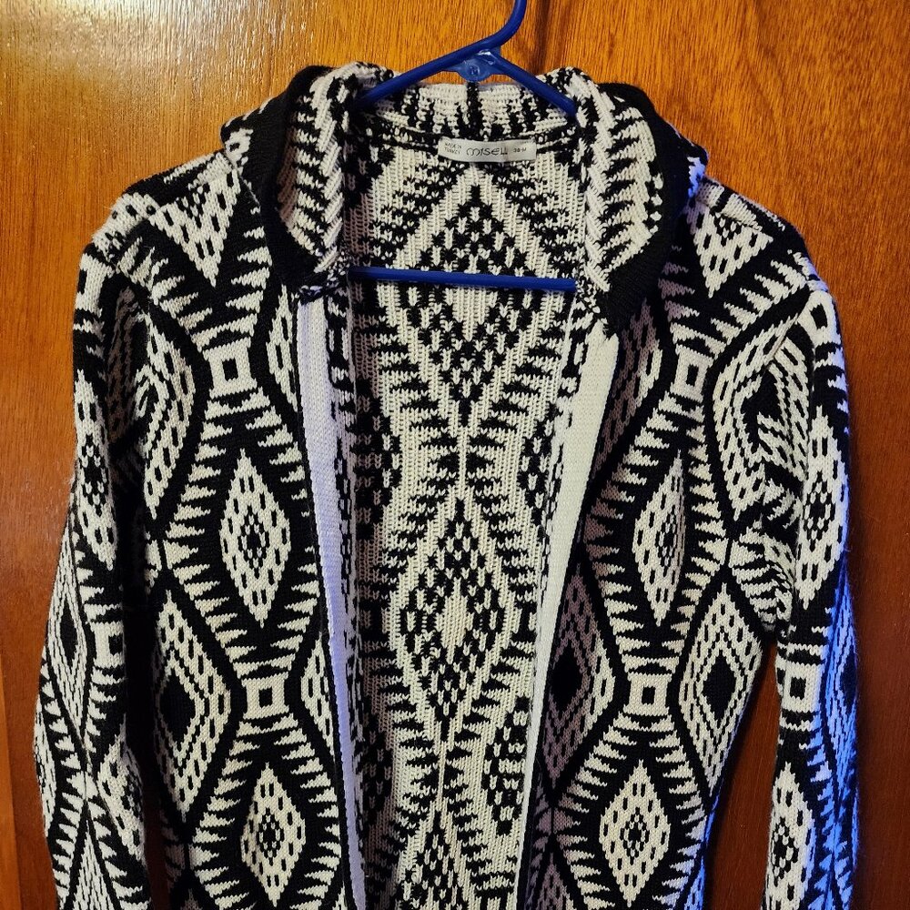 Women's Medium Misell Long Black/White Wool Blend Knit Hooded Cardigan Sweater